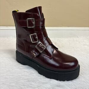 Yoki Vegan Leather Platform Buckle Boots Dark Red Size 10